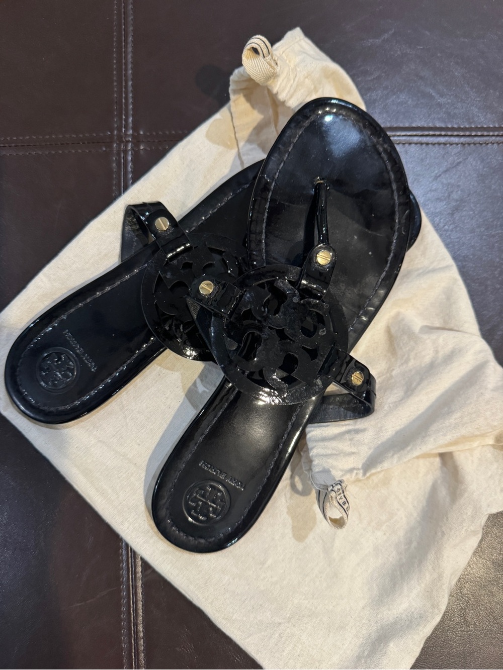 Tory Burch Black Patent Miller Logo Sandals-sz 9.5